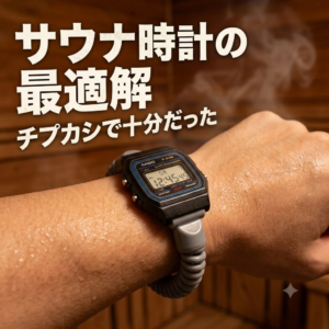 サウナ室の木目を背景に、汗ばんだ腕に装着されたカールバンド仕様のチープカシオ F-91Wのカスタムサウナ時計。上部には「サウナ時計の最適解 チプカシで十分だった」の文字。