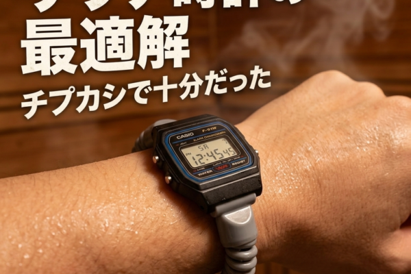 サウナ室の木目を背景に、汗ばんだ腕に装着されたカールバンド仕様のチープカシオ F-91Wのカスタムサウナ時計。上部には「サウナ時計の最適解 チプカシで十分だった」の文字。
